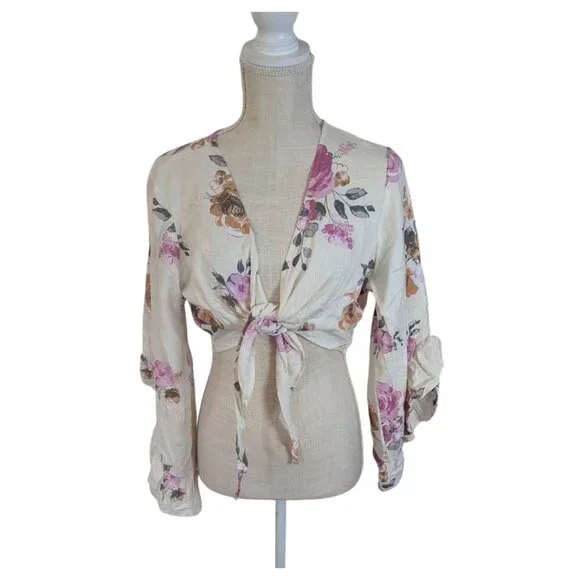 Spoon Jeans White Floral Tie Crop Top Shrug Large - Picture 2 of 4